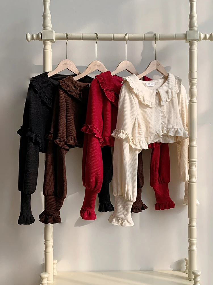 

Вязаный кардиган с воротником-куклой в четырех цветах от Puji Original Design, осенне-зимний, в стиле Лолита, для сочетания с Ханьфу, женская одежда.