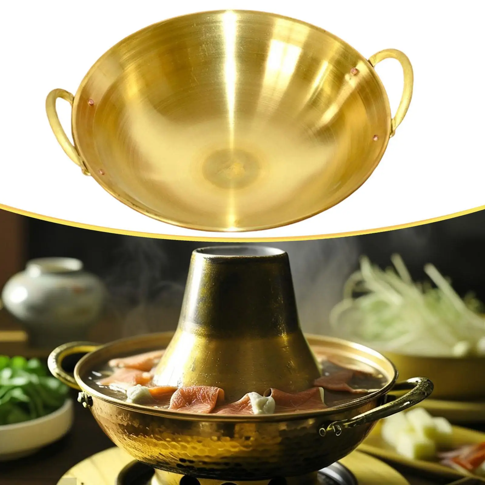 

Латунная кастрюля-хотпот в китайском стиле с двумя ручками, многофункциональная сковорода-вок для приготовления пищи, для кемпинга, семейных встреч, домашнего использования