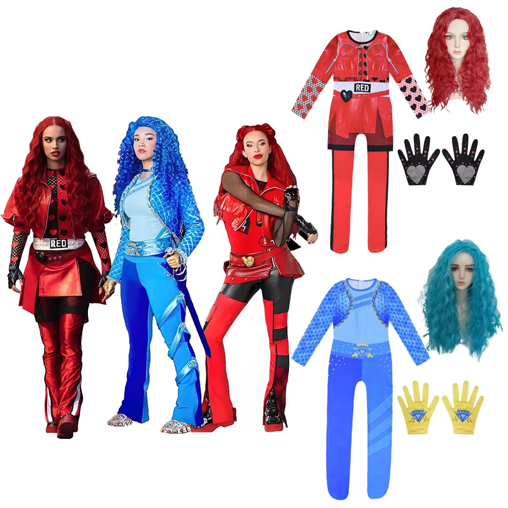 Film Descendants Czerwony kostium dla dzieci Rise of Red Girls Red Chloe Cosplay Jumpsuit Peruka Rękawiczki Dzieci Halloween Party Odzież