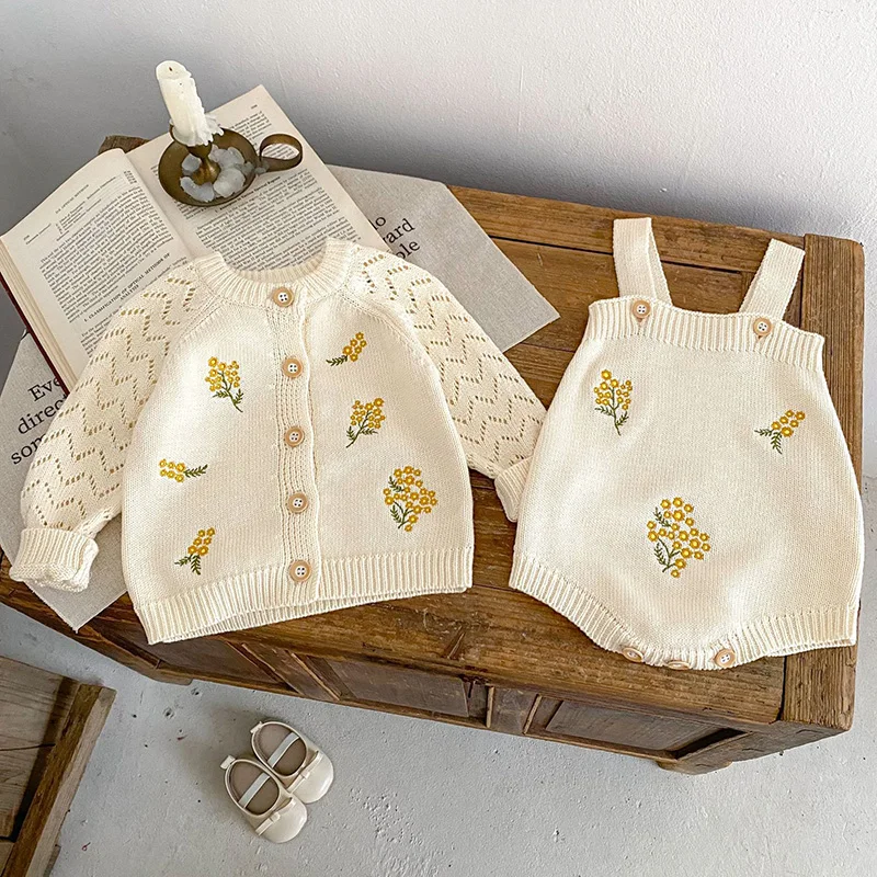 2024 New Spring Toddler Baby Girl Knitting Clothes Suit Long Sleeved Knitted Cardigan+Jumpsuit Newborn Baby Girls Clothing Set