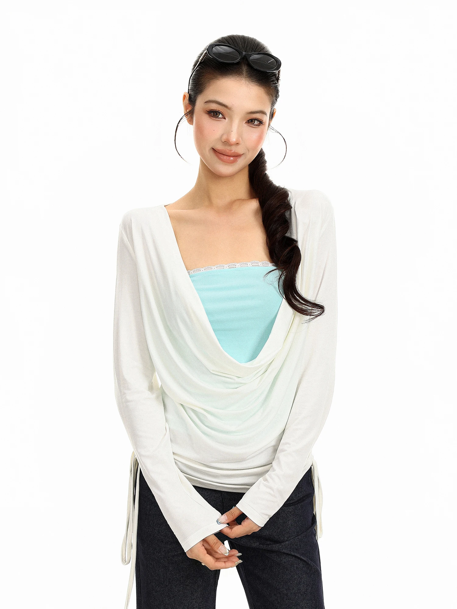 Slim Fit Long Sleeve T-Shirt Women's Two-Piece Set Autumn Thin Pleated Base Shirt Ensemble Sexy Girl Style Standard Fit Creat...