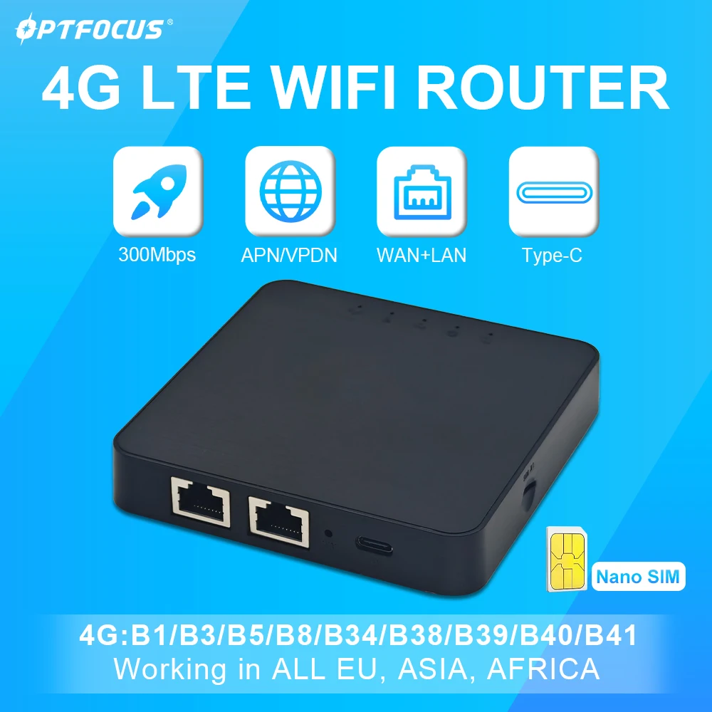 

OPTFOCUS 4G WIFI LTE Box Маршрутизатор 300 Мбит/с Беспроводная SIM-карта Мобильный модем Точка доступа 2 порта RJ45 WAN/LAN Маршрутизатор SIM-карты с Type-c