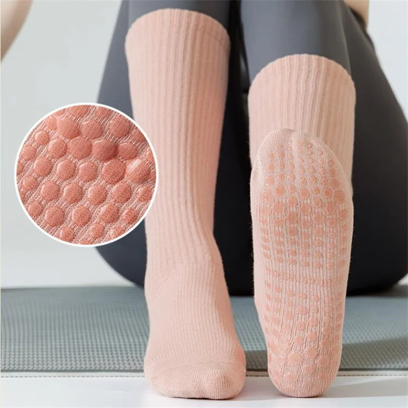 

5Pairs Women Cotton Mid-Calf Floor Socks Solid Color Silicone Non-slip Tube Socks Female Ladies Ballet Pilates Dance Socks