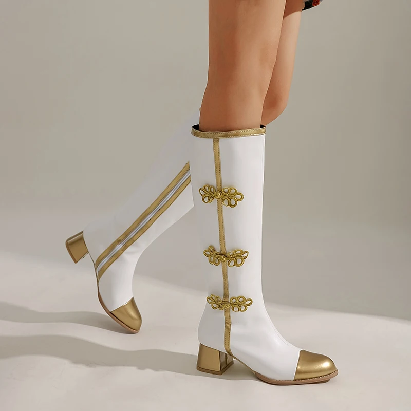 

Brand Design Ethnic Style Chinese Knot Boots Retro Round Head Square Heel Color Matching Zipper Large Size Women's Boots 34&48