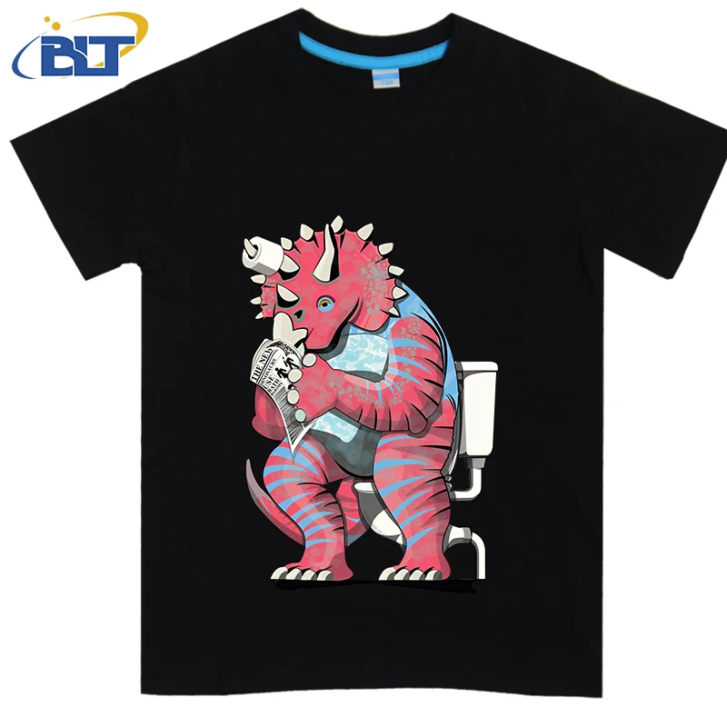 Triceratops de manga curta para meninos e meninas, camiseta estampada em algodão, top casual, adequado para meninos e meninas, banheiro, verão