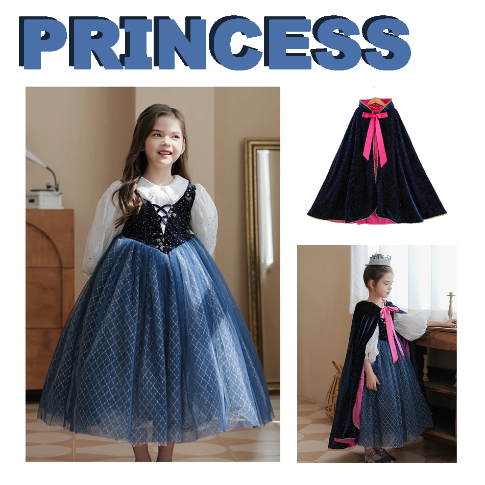 Girl Anna Princess Dress Children Casual Spliced Color Princess Puffy Gown With Cloak Fancy Party Dress Festive Costume for Girl