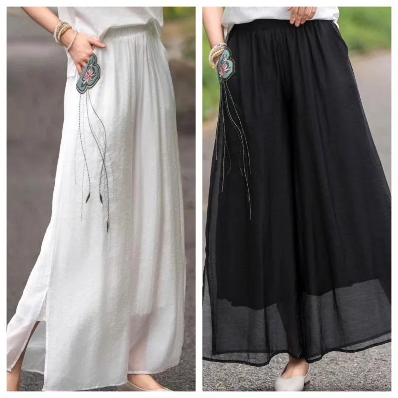 

Floral Embroidery Cotton Linen Pants Summer Double-Layer Wide Leg Pants for Women Elastic Waist Casual Pants Loose Long Trouse