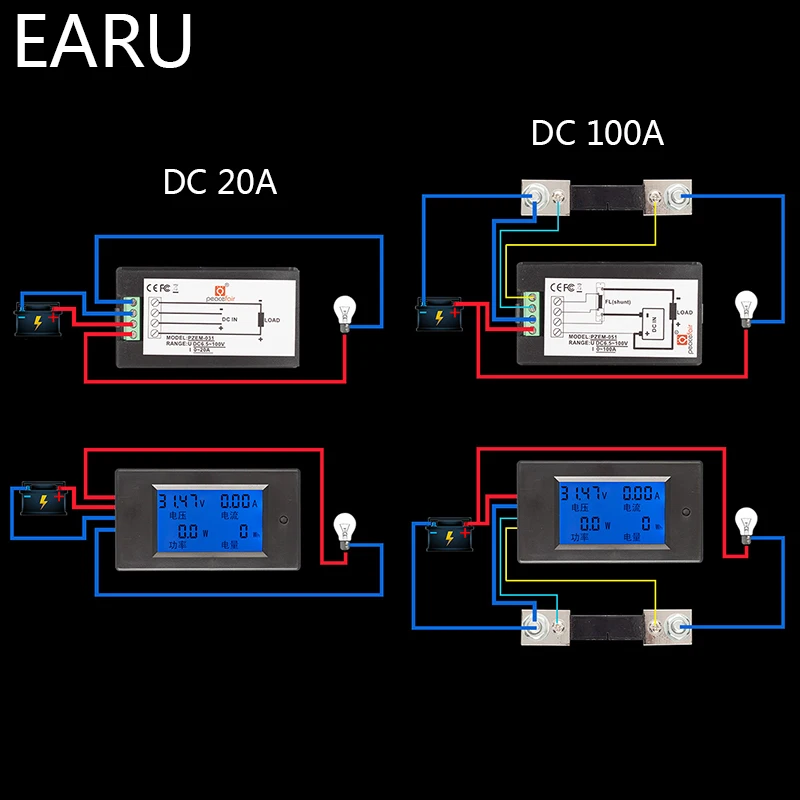 Imagem -04 - Display Lcd Digital Atual Tensão Medidor de Energia Amperímetro Voltímetro 100a Atual Shunt dc 6.5100v 0-100a 020a