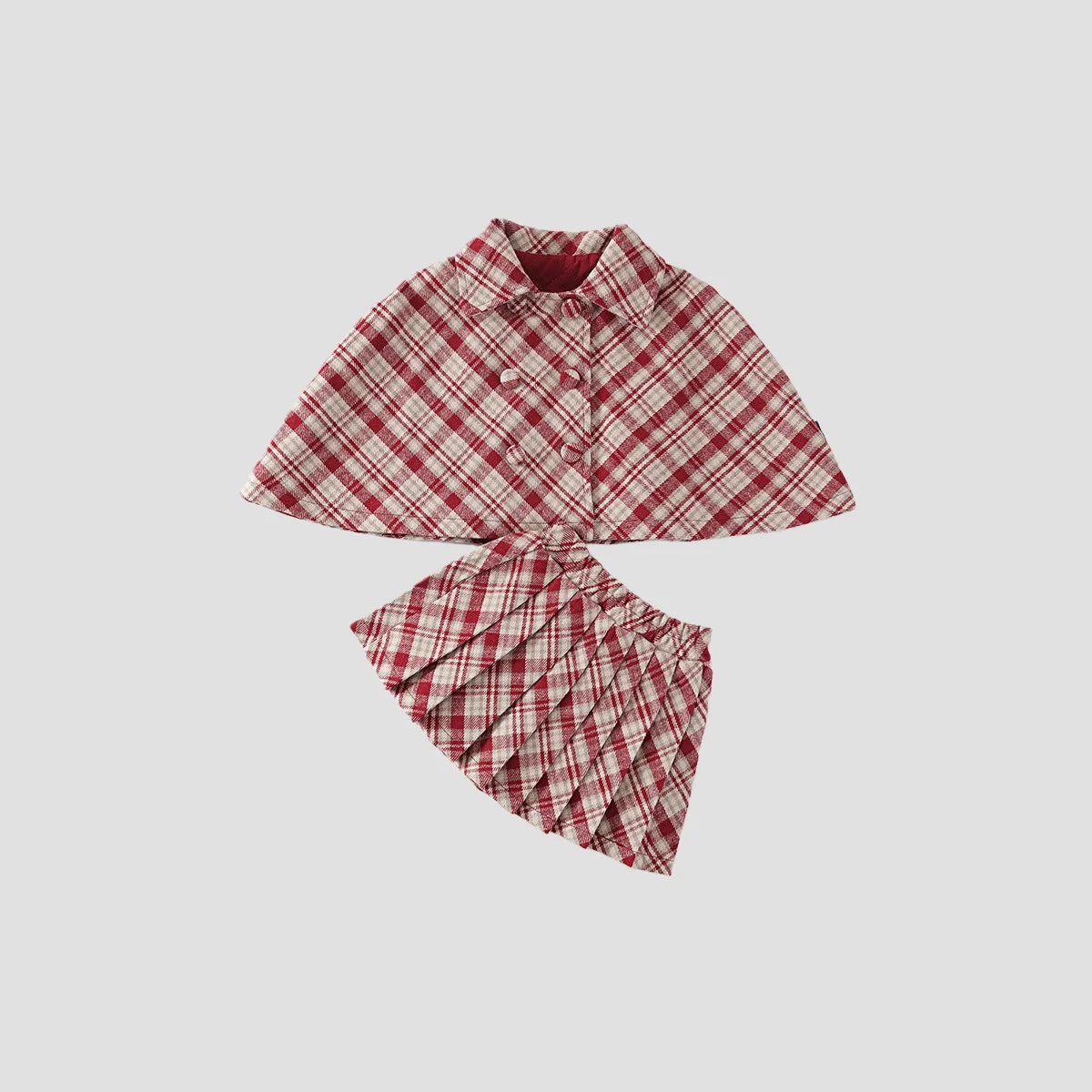 

Зимний детский рождественский праздничный наряд для девочек от 2 до 7 лет, красная клетчатая толстая накидка, пальто + плиссированная юбка, комплект в академическом стиле