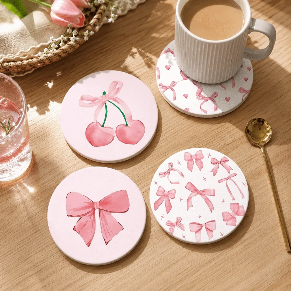 4/6pcs Puppy Designs Round Wooden Drink Coaster Heat-Resistant Non-Slip Cat Coaster Waterproof Bow Coffee Cup Mat For Desk