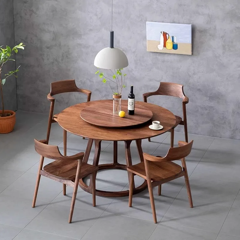 Black walnut round all solid wood dining round table household turntable chair combination large round table