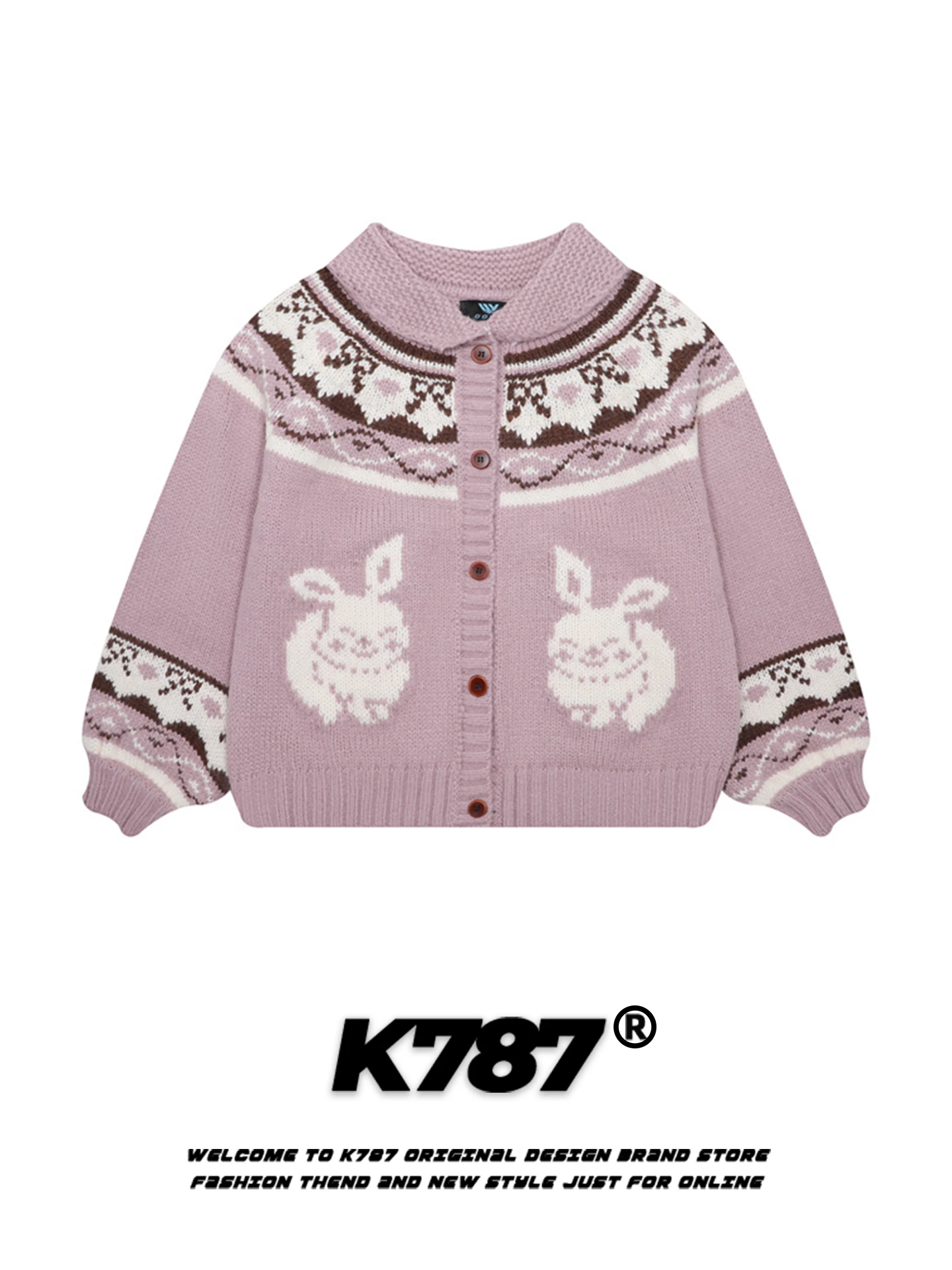 

American Sle Vintage Fair Isle Rabbit Knitted Sweater Women Loose Autumn Winter Soft Wind ort Outerwear Button Cardigan