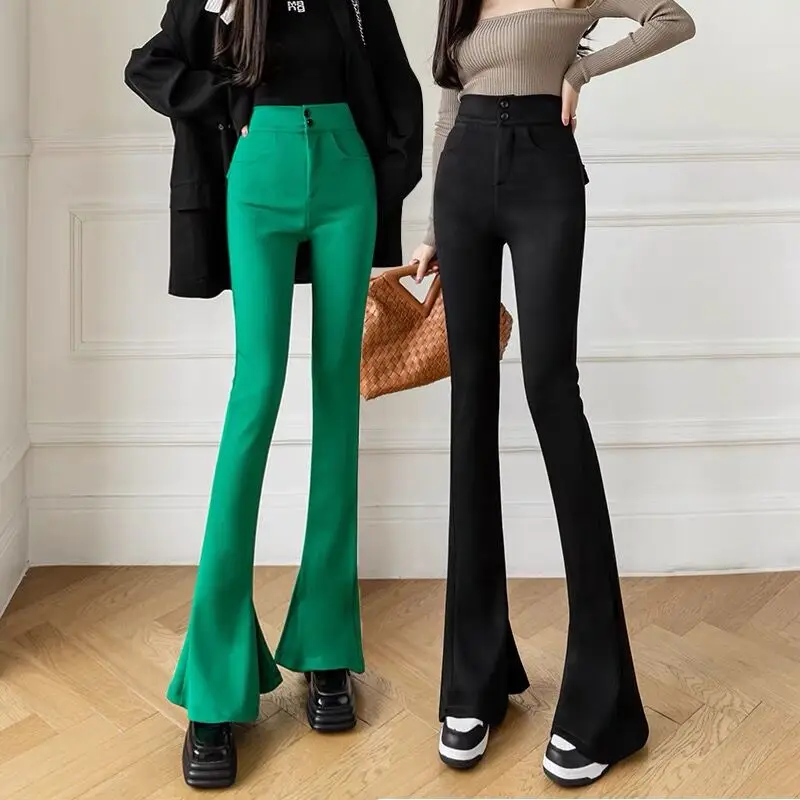 

Women Bell Bottoms Leggings Pants Lady Slim Stretch Flare Boot Cut Split Winter Trousers Elastic High Waist Pocket Korean Pants