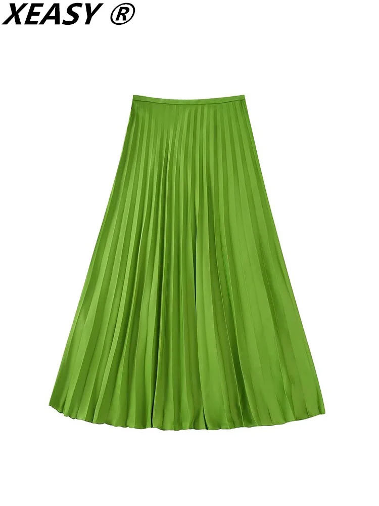 

XEASY Pleated Skirts Woman Fashion 2022 High-Waisted Skirt Midi Woman Clothes Vintage Chic And Elegant Woman Skirt