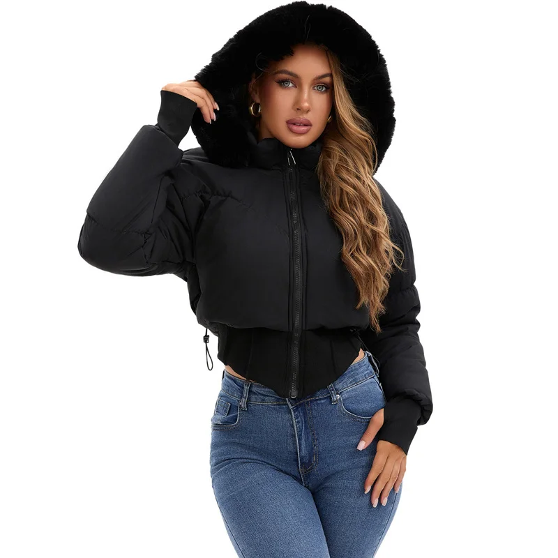 

2025 Winter Warm Women Fur Trimmed Cotton Puffer Jacket Waist-cinch Zip Cropped Outerwear Causal Daily Lady Coat
