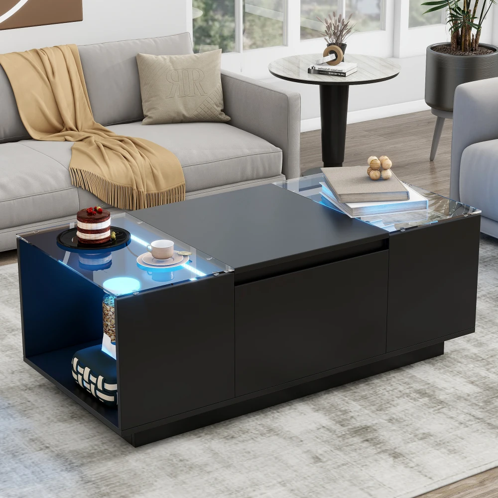 

Led Coffee Table,High-Gloss Finish and Glass Tabletop,Table with Open Storage Compartment and 2 Hidden Drawers for Living Room