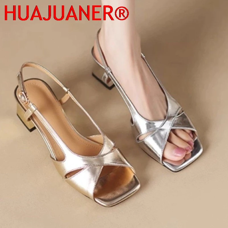 

Female Shoes 2026 Solid Brand One-word Buckle Women' Square Toe Sandals Summer Open Toe Chunky Heels Dress Sandals