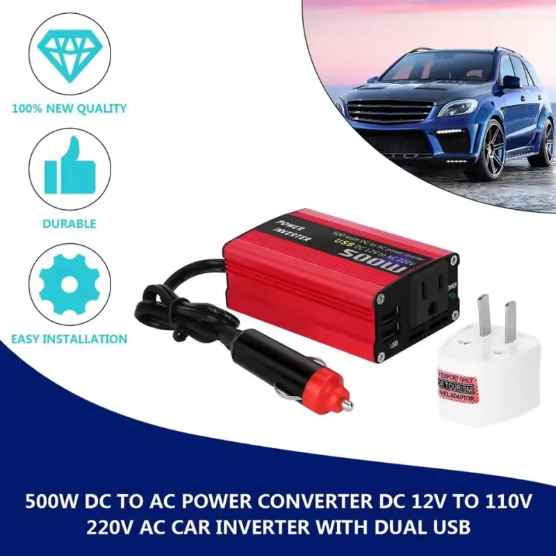 

500W Car Adapter With Dual USB Output Portable Vehicle Power Converter DC 12V to 110v220V Automatic Transformer Acessory social