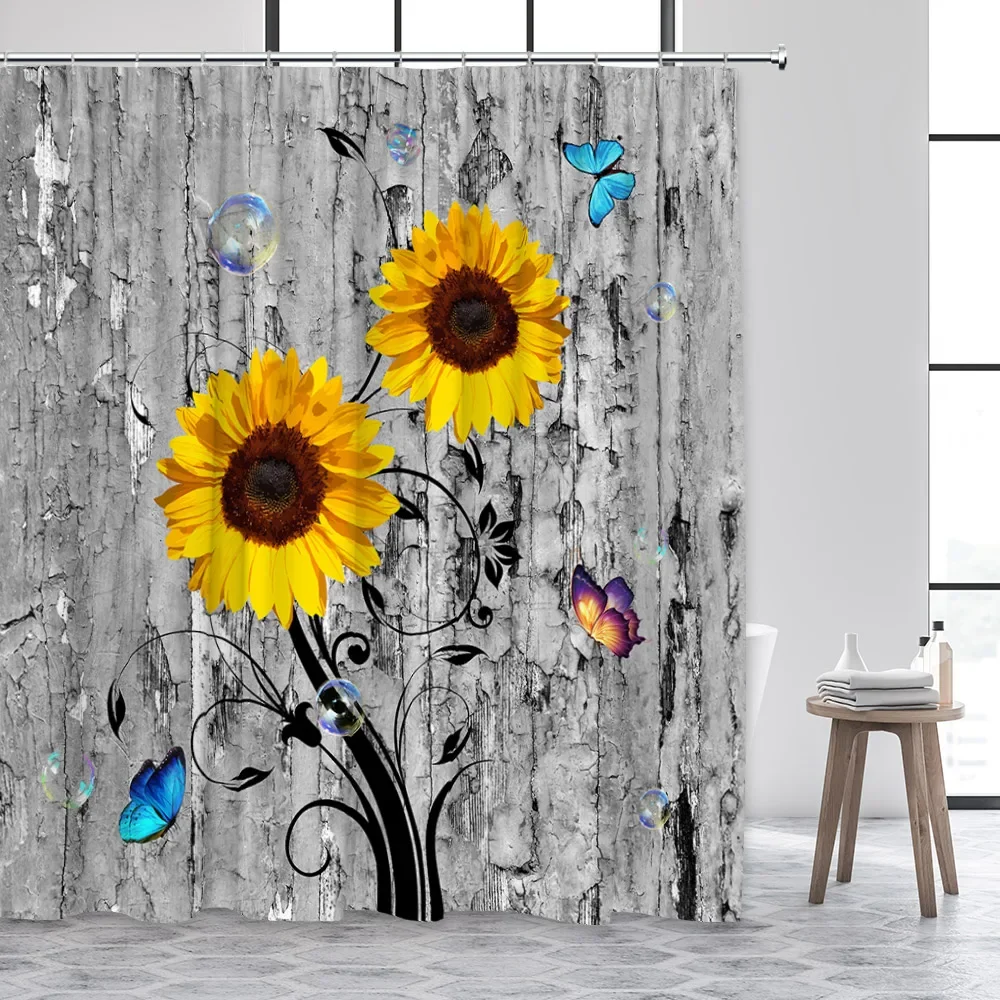 Sunflower Shower Curtain Natural Floral Butterfly Rustic Vintage Shabby Wood Board Flower Print Fabric Bathroom Decor with Hooks