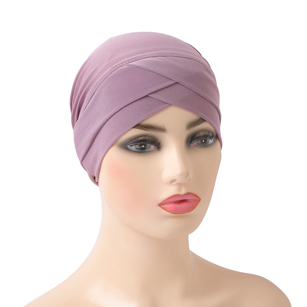 H117 Criss Crossed Muslim Turban Pure Color Stretch Inner Hijabs For Caps Ready To Wear Women Head Scarf Under Bonnet