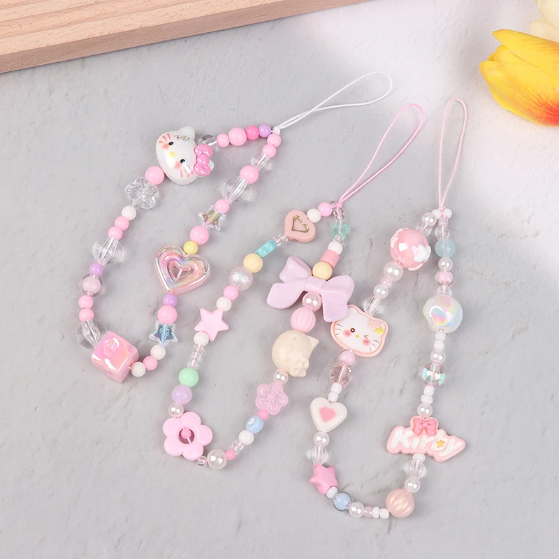 Sanrio Hello Kitty Cartoon Cell Phone Rope Chain Bag Pendant Beads Chain Bracelets Dangle Camera DIY Phone Jewelry Accessories