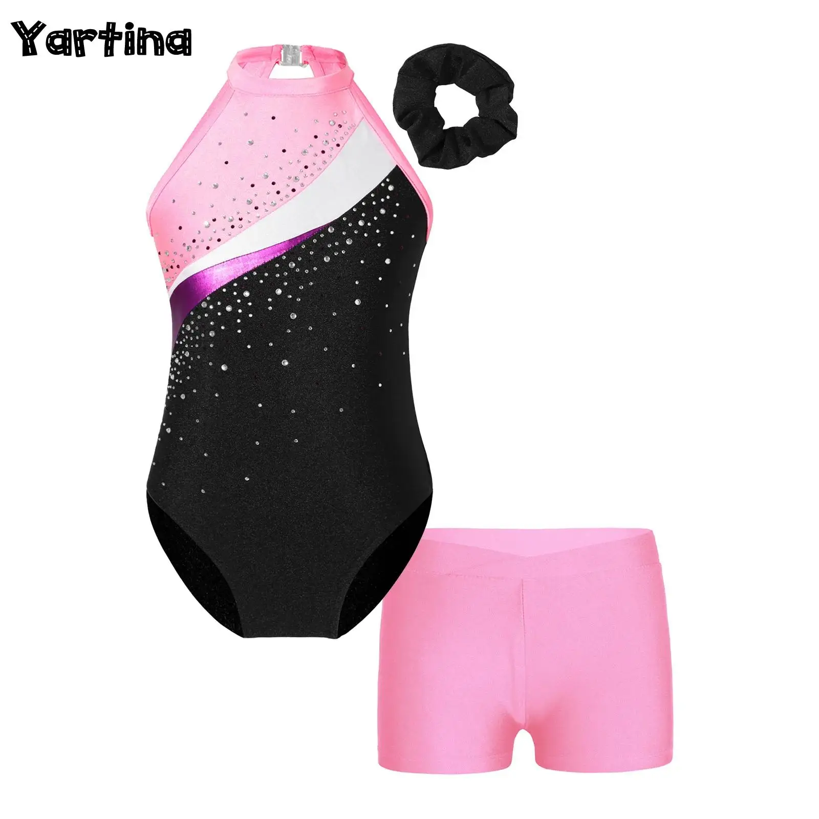 

Girls Gymnastics Leotards Tight Jumpsuit Sparkling Dance Unitards Ballet Dance Biketard with Shorts with Headband Sportswear