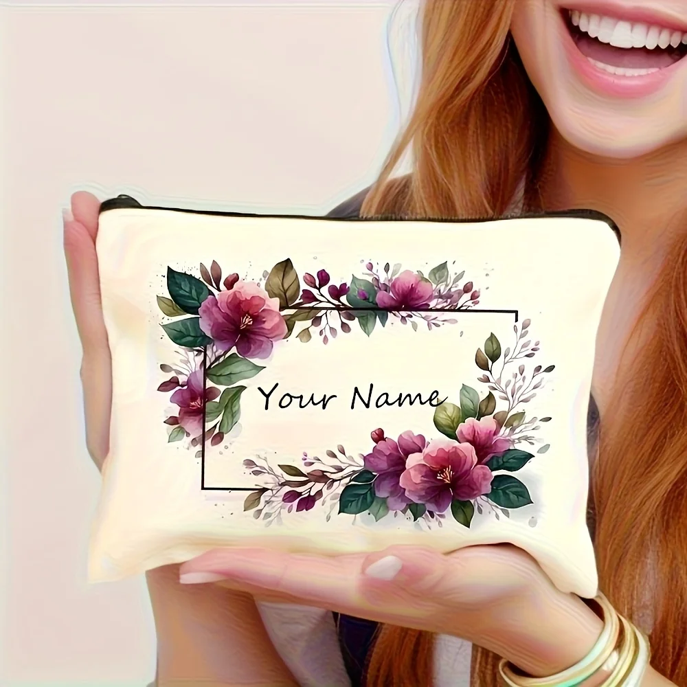 1Pc Personalized Custom Name/Text Floral Makeup Bag Double Sided Printed Cosmetic Pouch Travel Toiletry Organizer Storage Bags