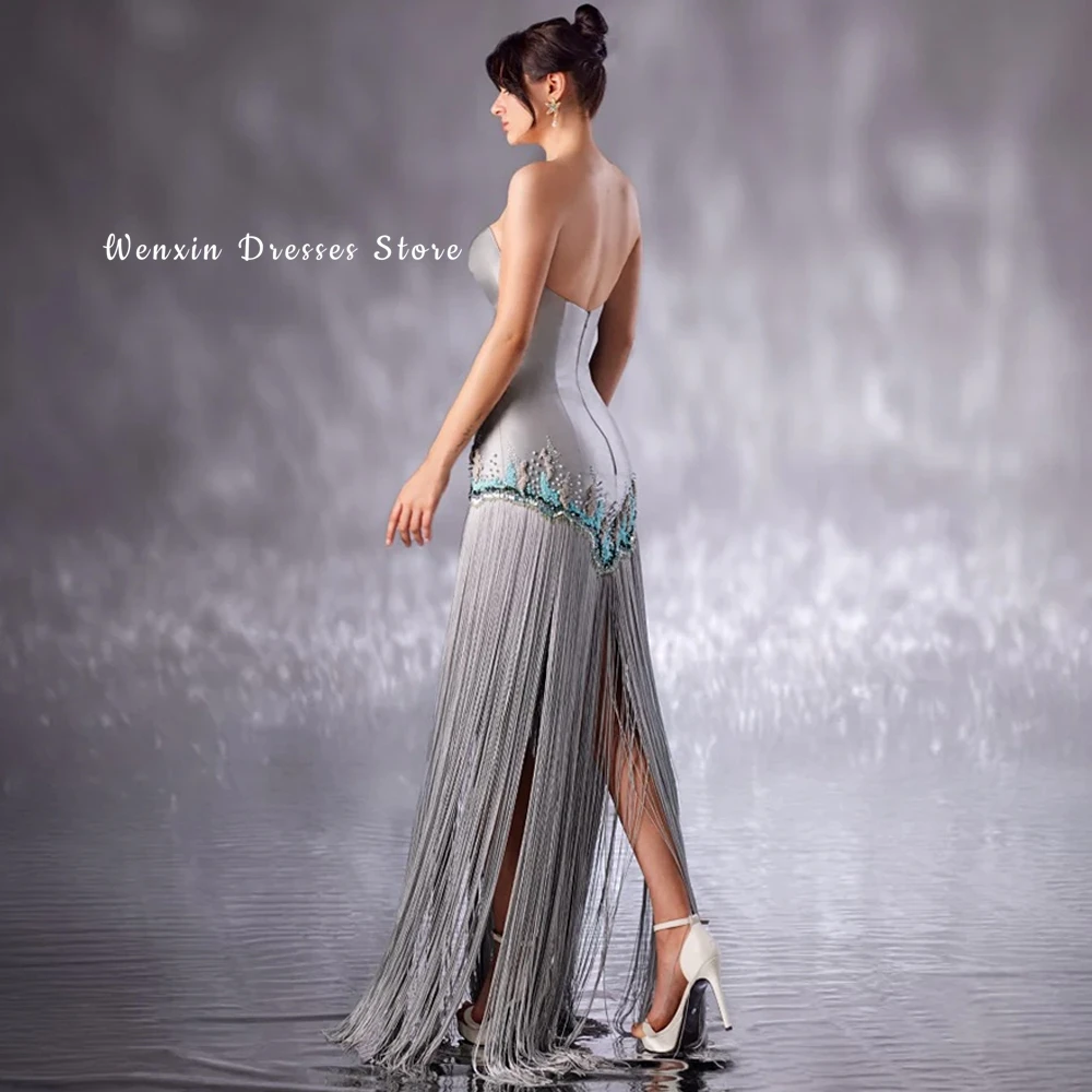 Silver Satin and Tassel Evening Dress Customized Strapless Sleeveless Celebrity Gowns Luxury Pearls Formal Occasion Gowns image 5