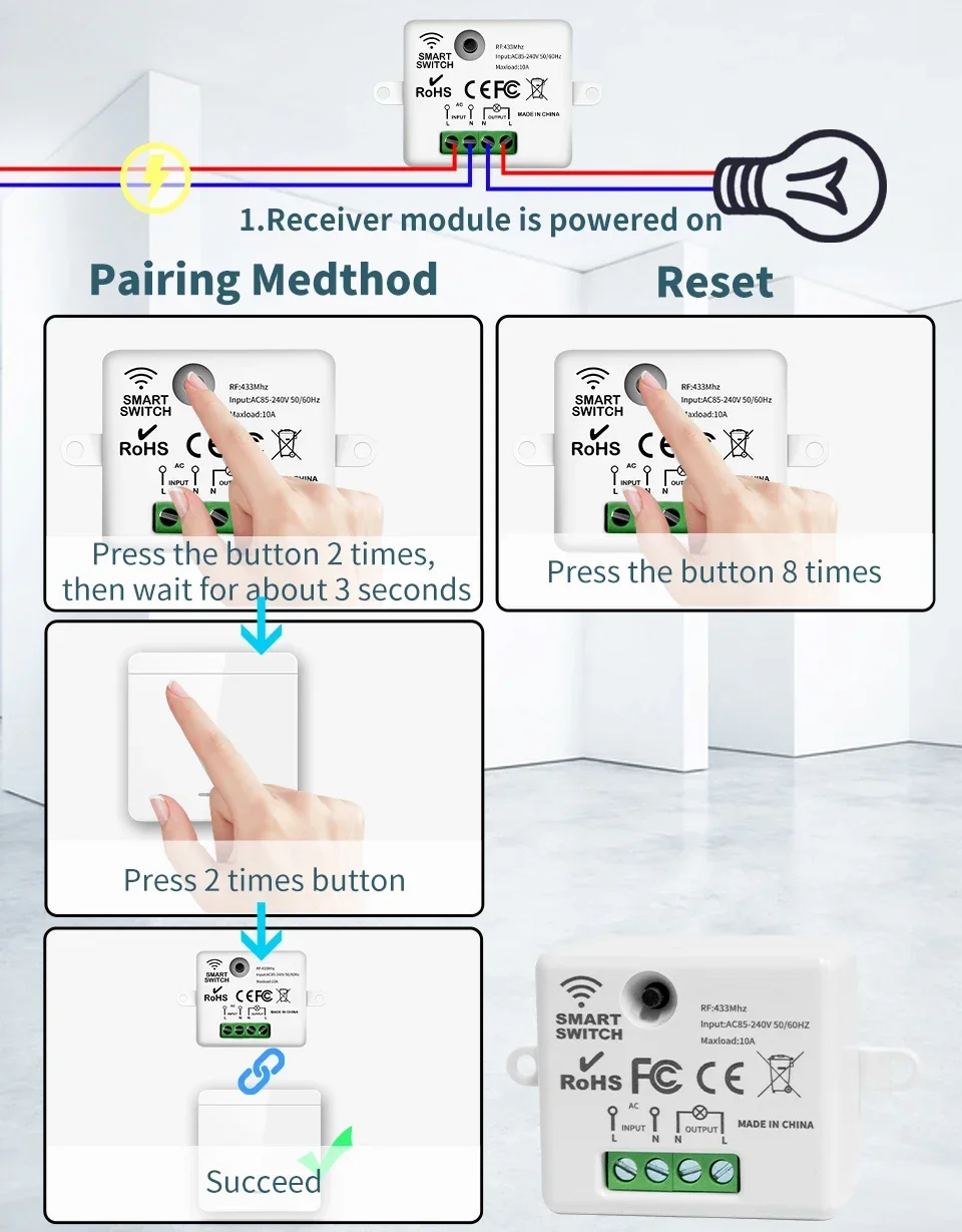Drahtlose 433 MHz Smart Switch Licht 1/2/3Gang 86 Wand Panel Schalter mit Fernbedienung Relais Empfänger 10A 110 V 220 V Für LED Lampe – Detail 6