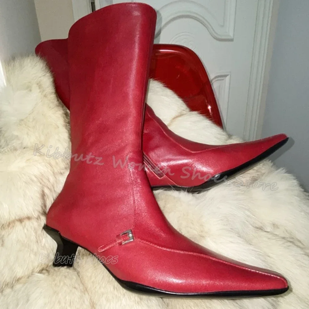 

Belt Buckle Chelsea Boots Mid Calf Luxury Leather Solid Color Zippers Elegant Concise Pointed Toe Kitten Heels Women Shoes New