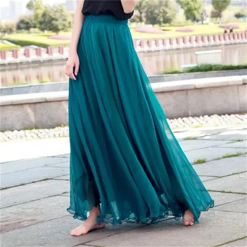High-grade Double Layer Skirts Spring Summer Elastic High Waist Large Swing Gauze Chiffon Skirt  A-line Pleated Long Beach Skirt