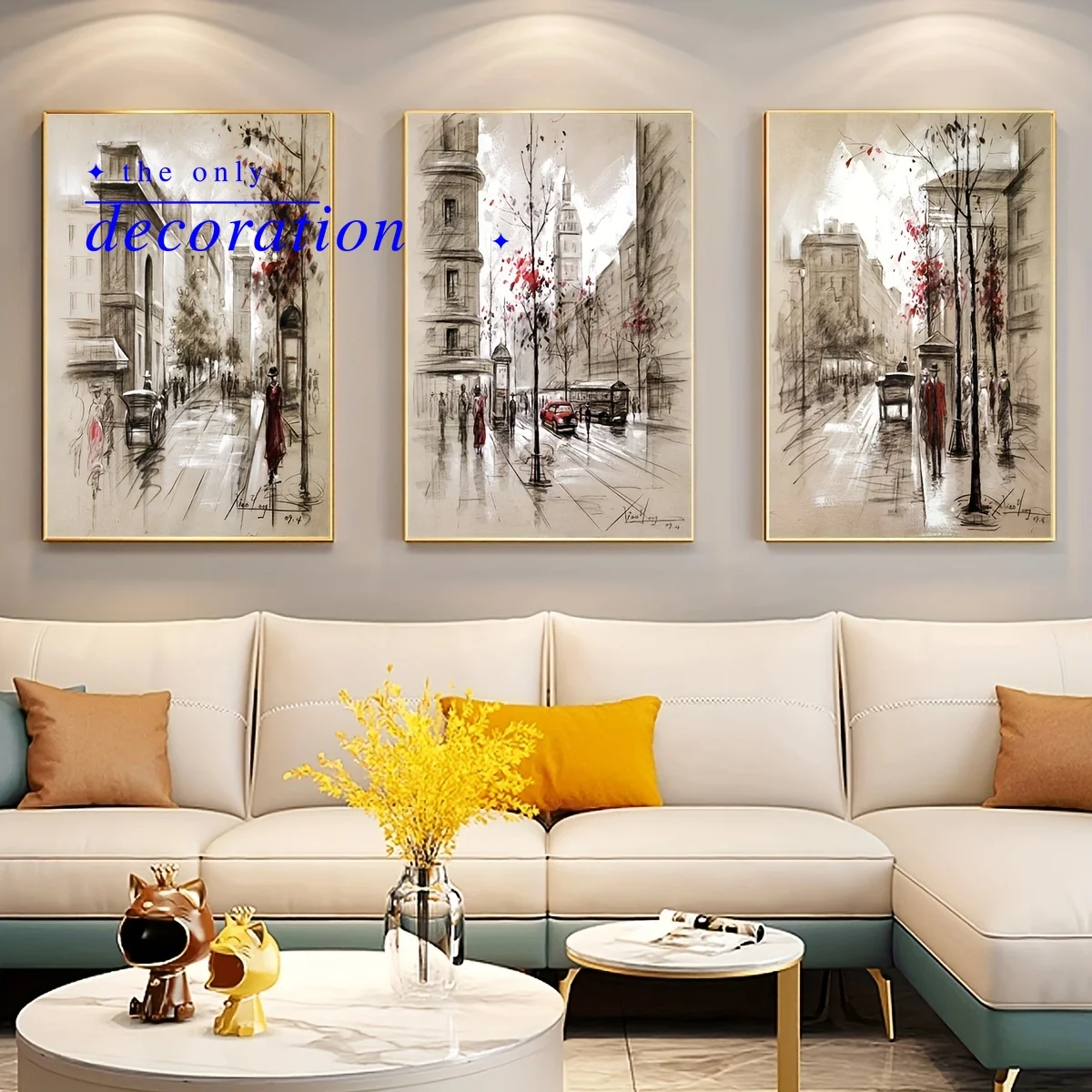 2D Flat, 2D Flat, Set of 3 Canvas Prints Featuring Oil Painting Styles, Showcasing Stunning Abstract Street Scenes. Ideal for