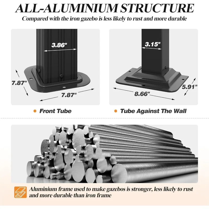 شرفة مرتفعة مقاس 12 × 14 قدمًا، إطار من الألومنيوم مع سقف معدني مائل، مثبت على الحائط #6
