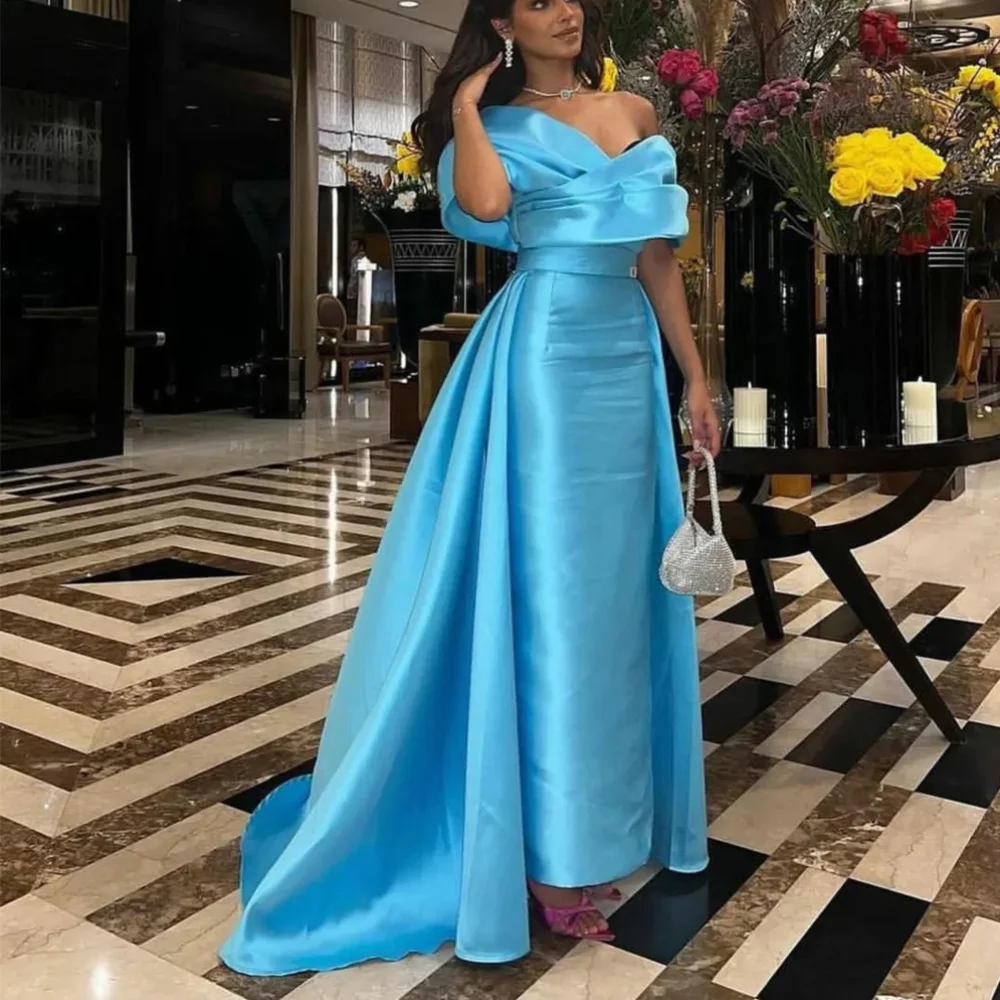 

Elegant Long Blue Off the Shoulder Satin Evening Dresses Short Sleeves Sheath Ankle Length Sweep Train Vestidos De Noche