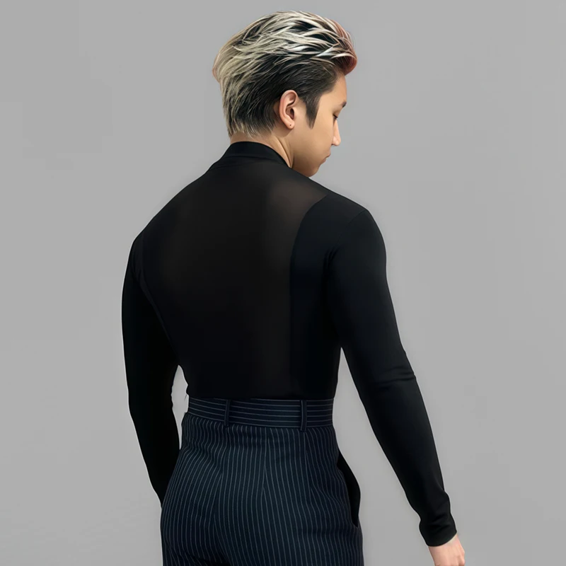 Uomo Abiti da ballo latino Inverno Manica lunga Top neri Collo alto Top neri Costume da allenamento latino Pratica maschile Dancewear 2412