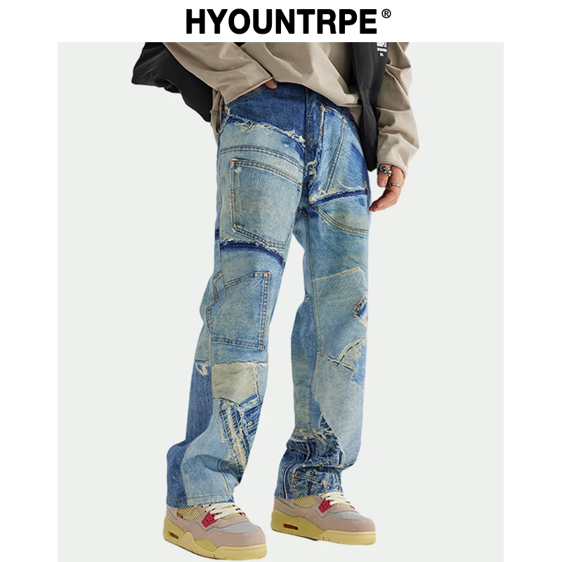 

Fashion Fake Patchwork Printed Denim Jeans Mens New Casual Zipper Straight Loose Jeans Streetwear Hip Hop Baggy Pants Joggers