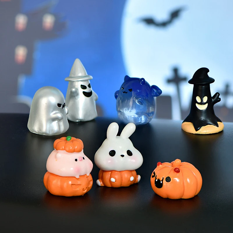 Cute Mini Halloween Pumpkin Ghost Animal Micro Landscape Resin Ornaments Halloween Party Supplies Props Home Car Decoration Gift