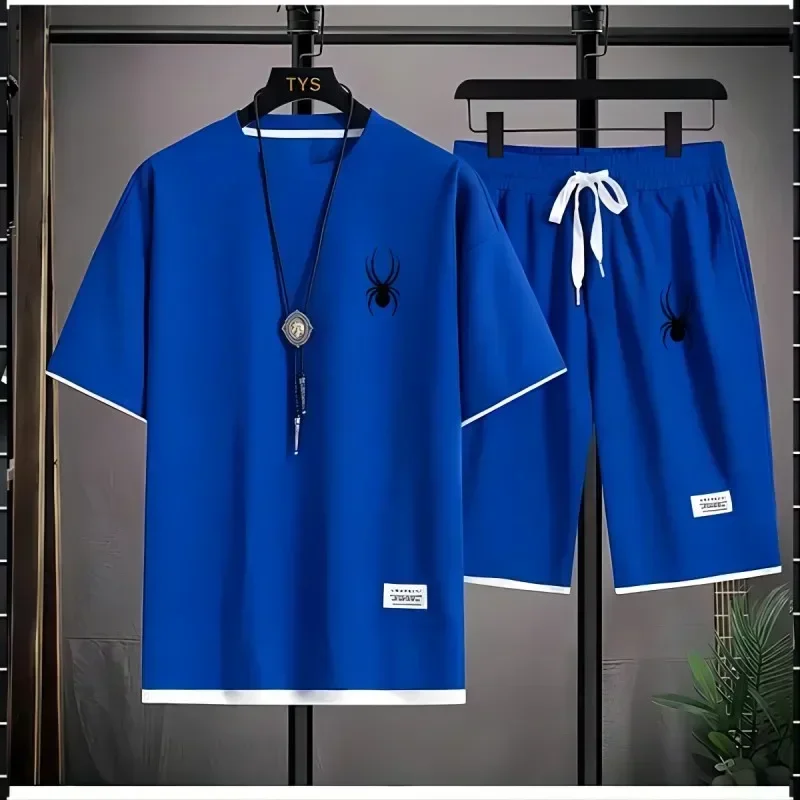 เกาหลี Spider ผู้ชายแขนสั้นเสื้อยืดและกีฬากางเกงขาสั้นฤดูร้อนชุดลําลอง Joggers ชุดผู้ชาย 2 ชิ้น