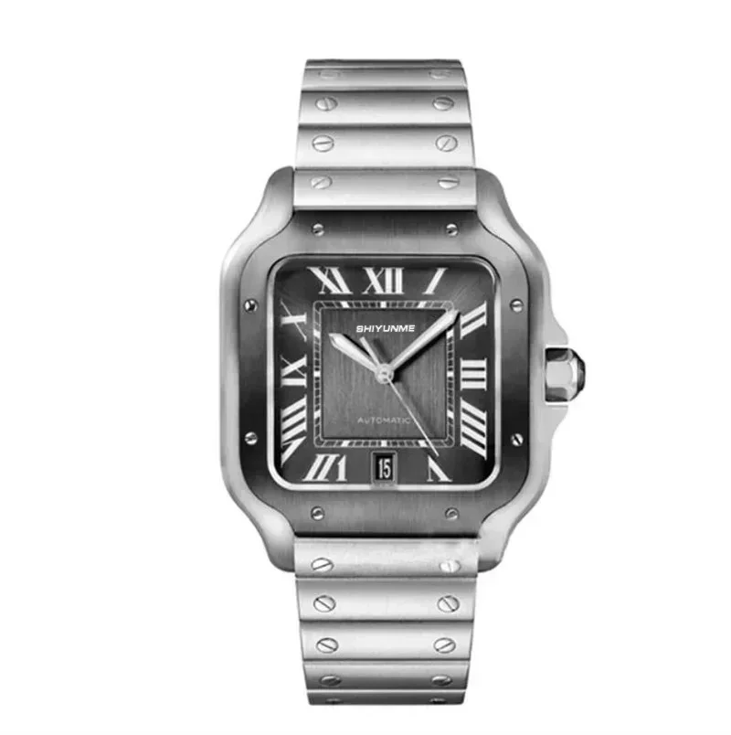 ساعة رياضية ميكانيكية من الفولاذ المقاوم للصدأ مربعة بمينا روماني جلد أسود عالي الجودة ساعة أوتوماتيكية للرجال متجر WATCH1