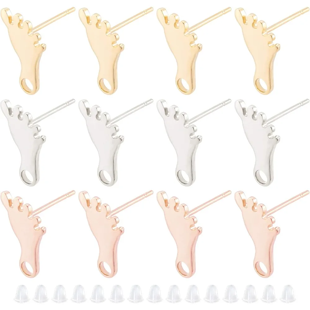 

30Pcs 3 Colors Foot Print Stud Earring Earring Posts with Loop Stainless Steel Feet Shape Stud Ear with 50Pcs Plastic Ear Nuts