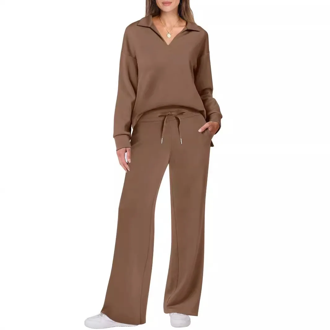 Autumn 2 Piece Set Women Top Pants Suit Long Sleeves Sport Sweatshirt Drawstring Elastic Waist Wide Leg Trousers Fitness Outfit