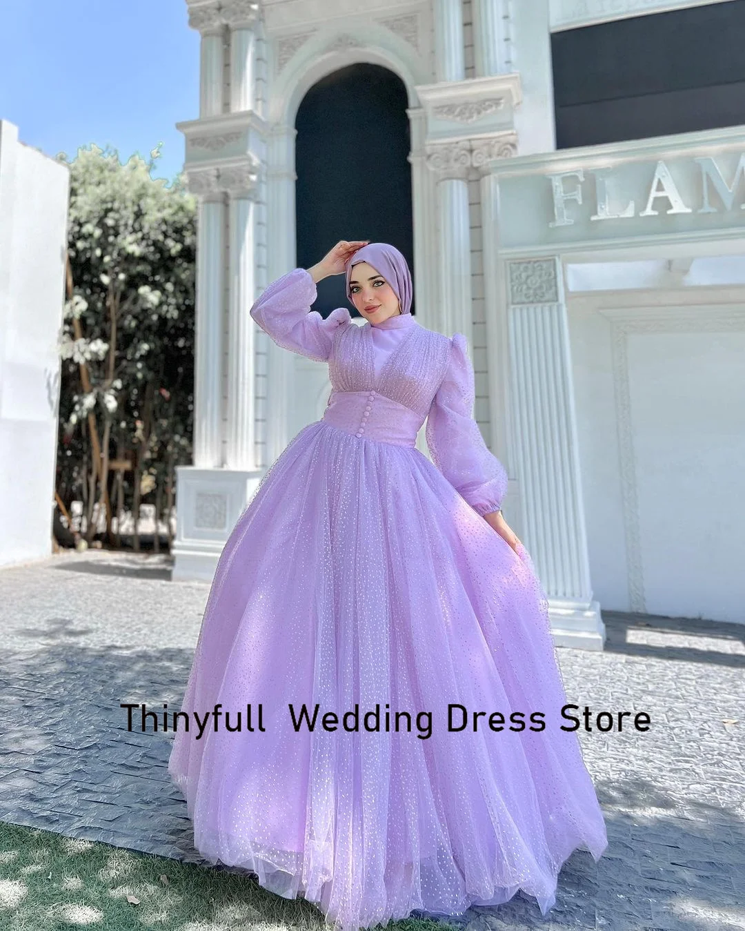 Thinyfull A-line Dotted Tulle Arabic Muslim Engagement Prom Dress High Neck Long Sleeves Evening Party Dress Long Formal Gown