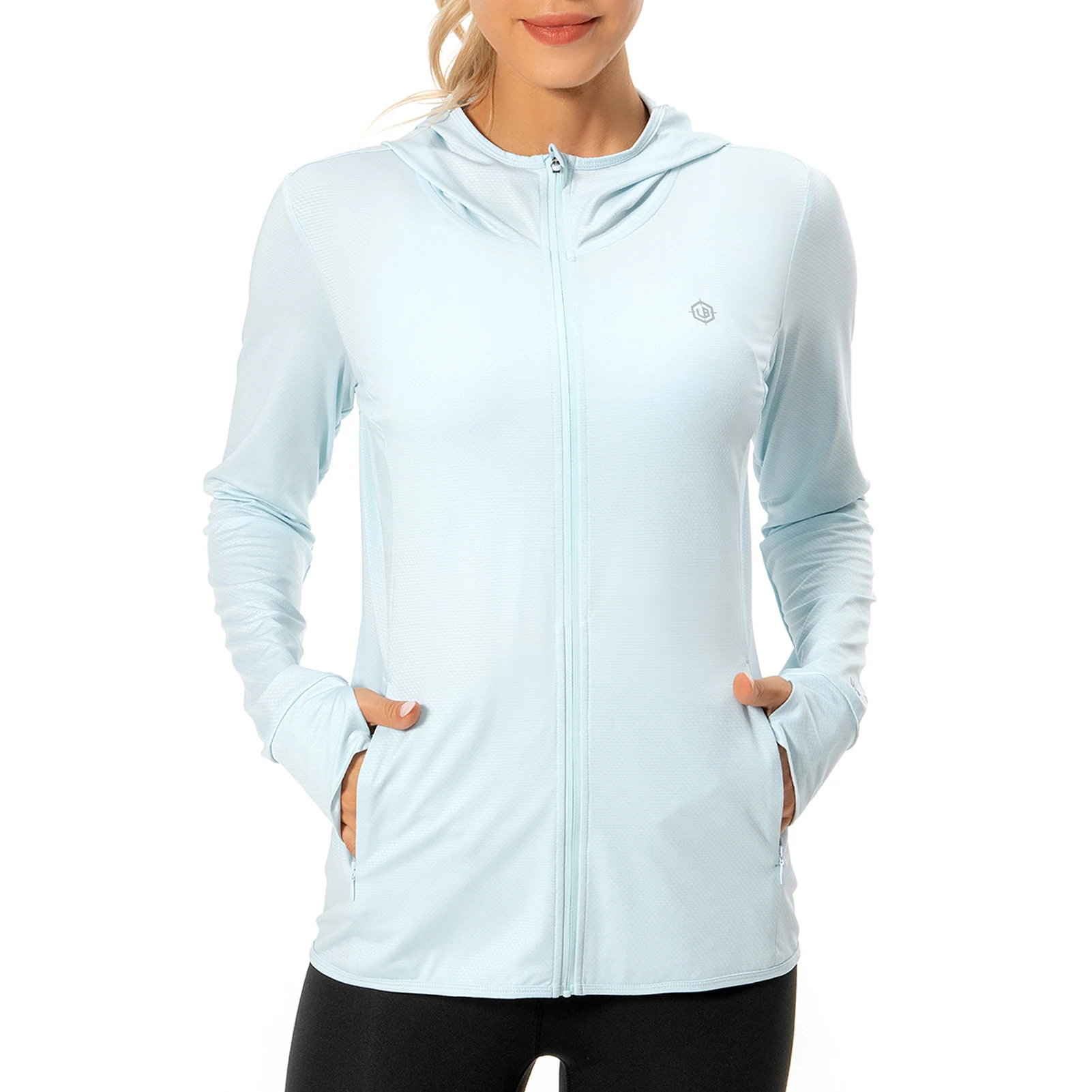 Lighbare Damen upf 50 Kapuzen pullover mit durchgehendem Reiß verschluss Langarm-Sonnen hemd mit Kapuze und Taschen zum Wandern im Freien