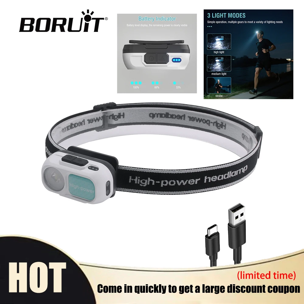 

BORUiT LED Motion Sensor Headlamp Rechargeable Waterproof Headlight with Power Indicator for Outdoor Camping Portable Torch