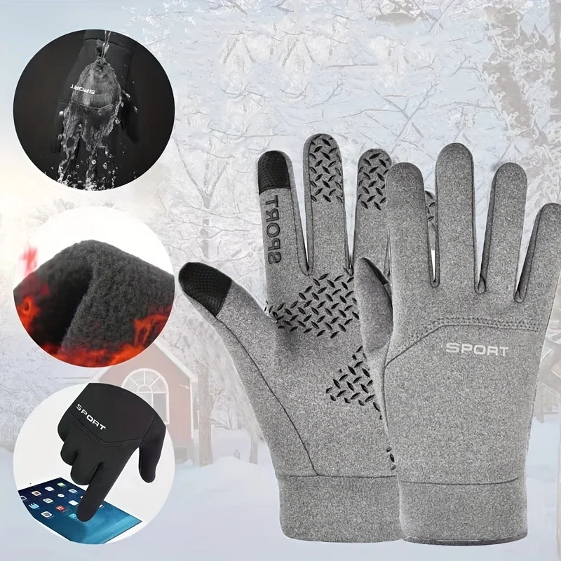 Men Winter Waterproof Cycling Gloves Outdoor Sports Ski Running Motorcycle Touch Screen Fleece Gloves Non-Slip Warm Full Fingers