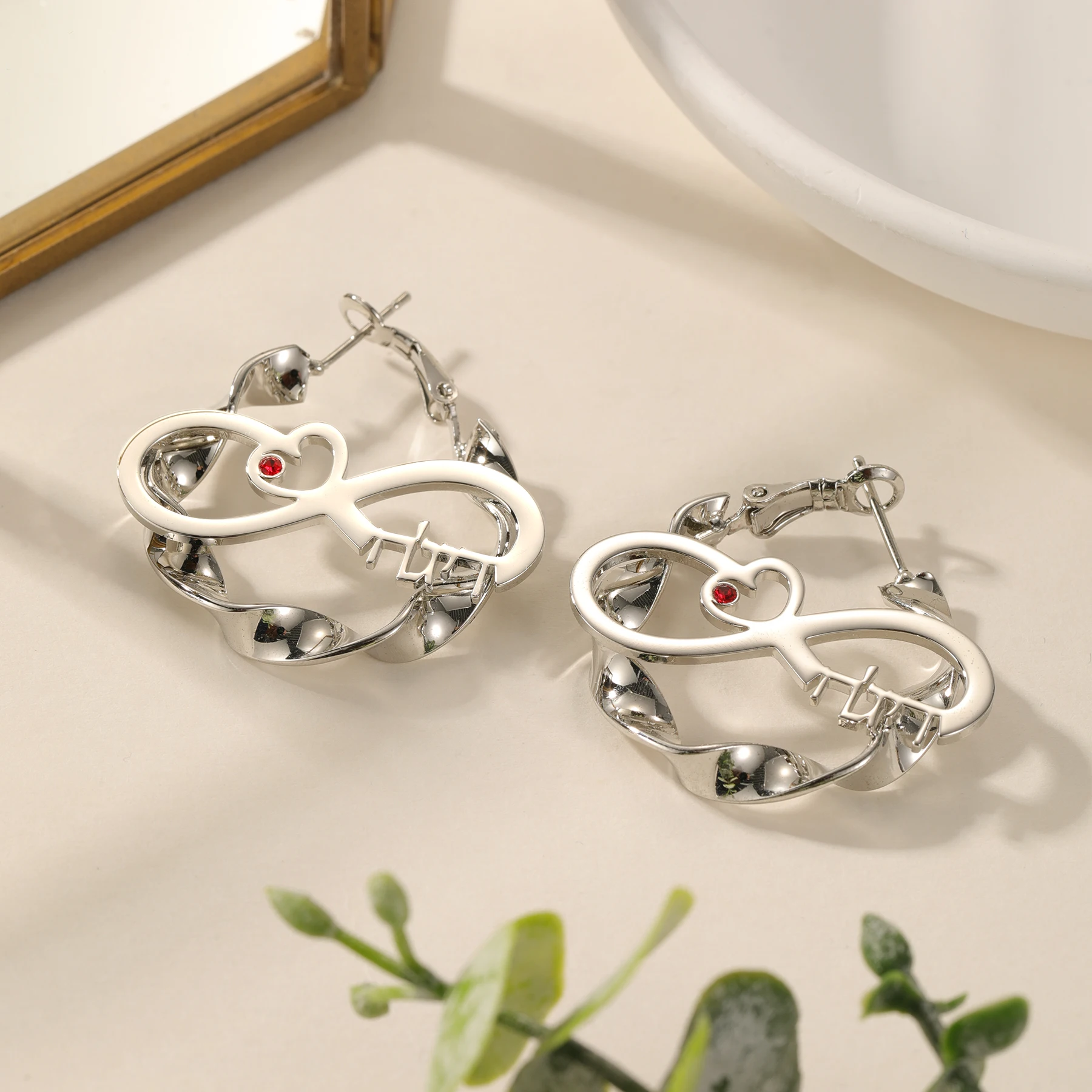 Custom Hebrew Birthstone Earrings Love Infinity Symbol with Engraved Text Hypoallergenic Metal Jewish Jewelry Cultural Religious