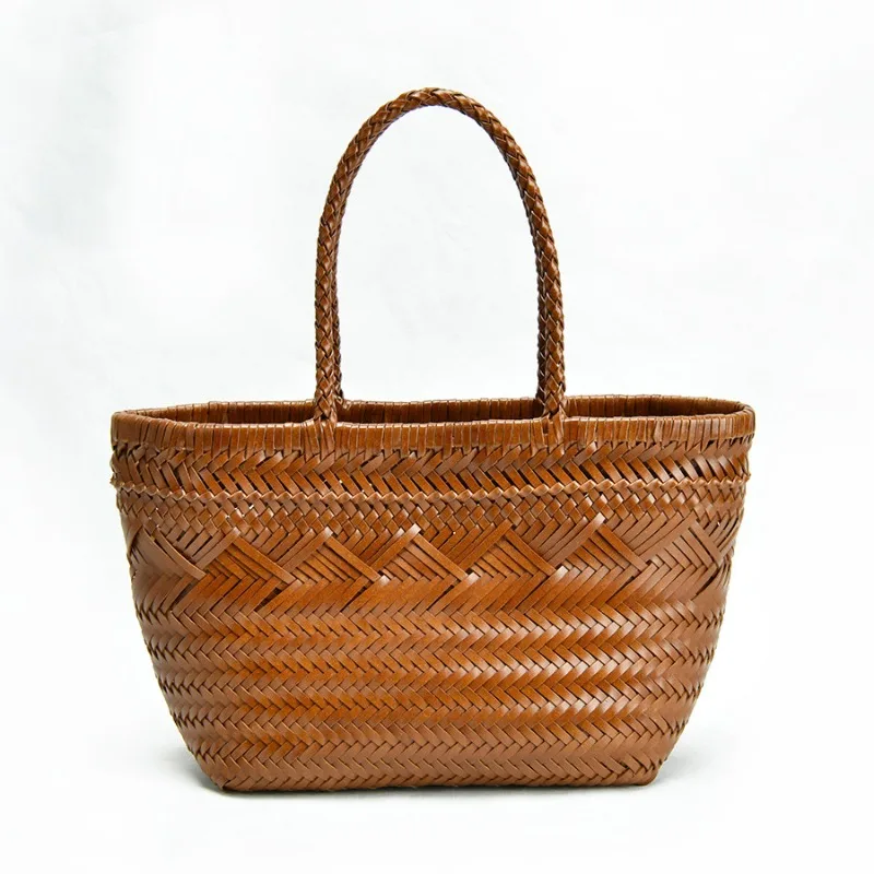 

French woven vegetable basket bag leather handmade women's handbag