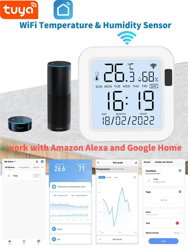 Tuya Smart Temperature and Humidity Sensor WiFi With Backlight for Smart Home var SmartLife Work with Alexa Google Assistant