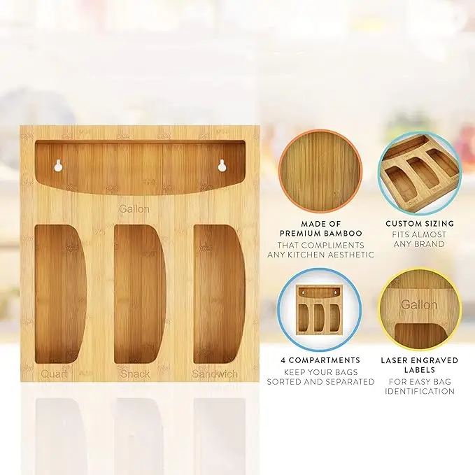 Soporte de bolsas de comida con cierre hermético de bambú, dispensador de papel de aluminio, organizador Compatible, soportes y estantes de