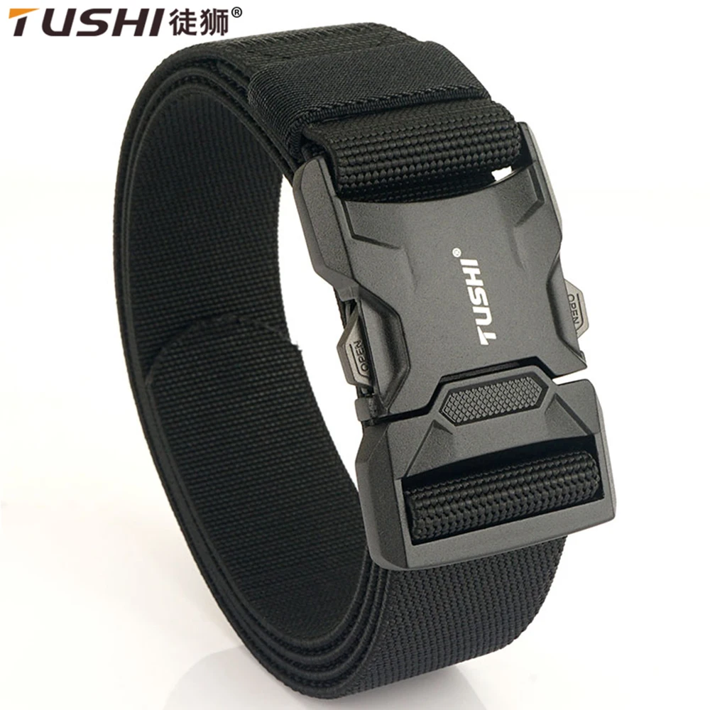 

TUSHI NEW Quick Release Aluminum Alloy Pluggable Buckle Elastic Belt For Men Durable Tactical Belts Cowboy Outdoor Army Hunting